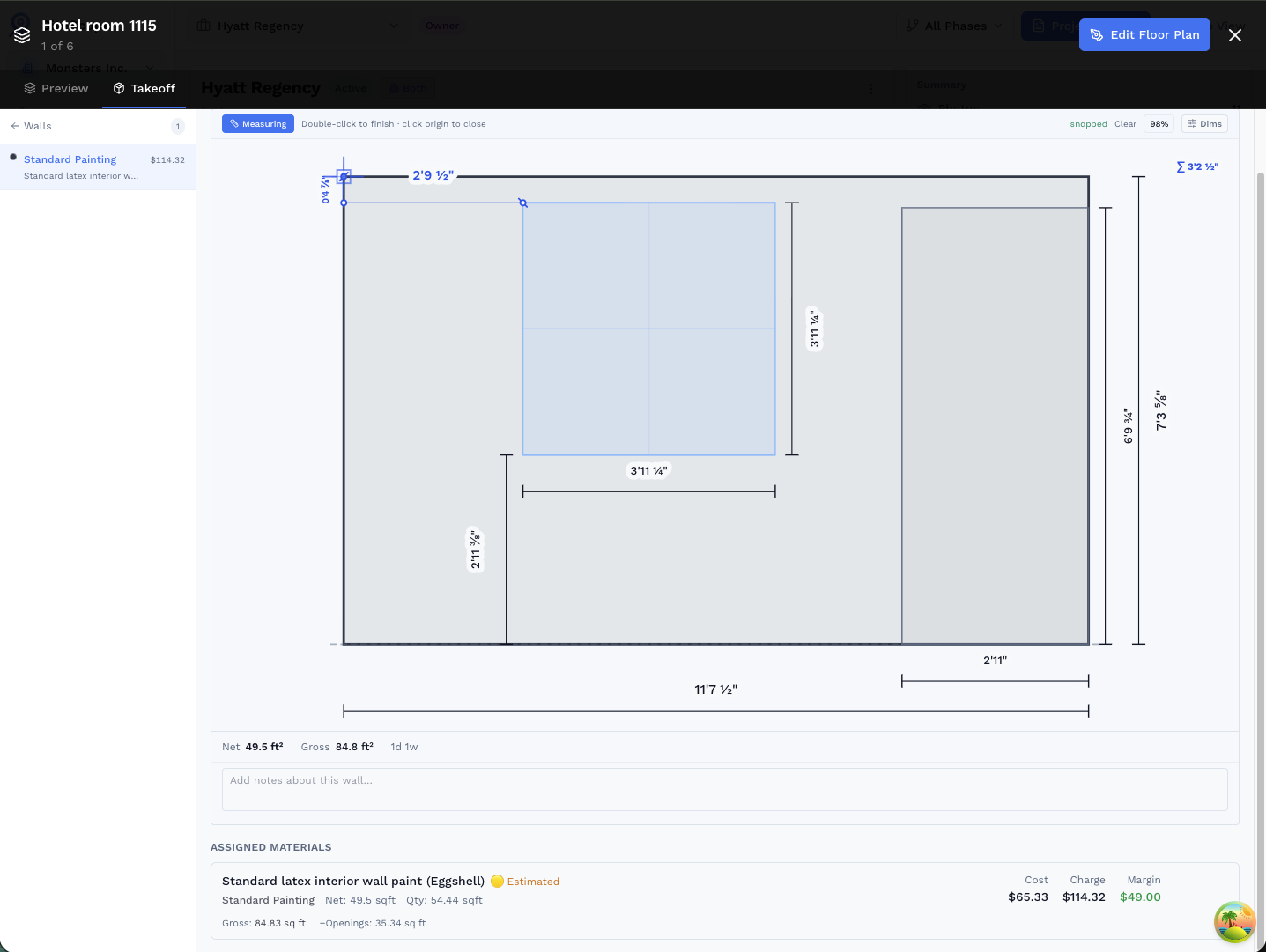 Wall elevation view showing paint material assignment with takeoff quantities